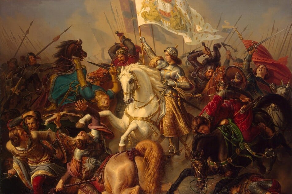 Malerei von Hermann Stilke (um 1843): Jeanne d'Arc im Kampf.