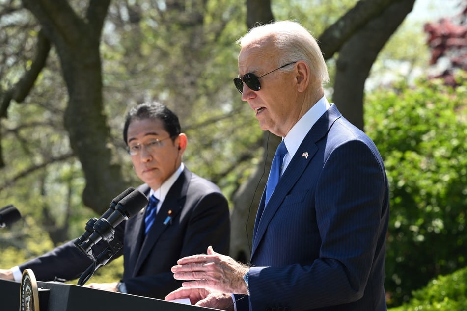 President Joe Biden (r.) speaks during a joint press conference with Japanese Prime Minister Fumio Kishida in the Rose Garden of the White House in Washington, DC on Wednesday.