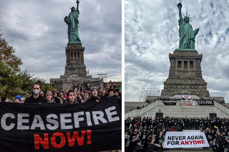 Activists from Jewish Voice for Peace occupied the pedestal of the Statue of Liberty on Monday in New York City, calling for an Israeli ceasefire in Gaza.