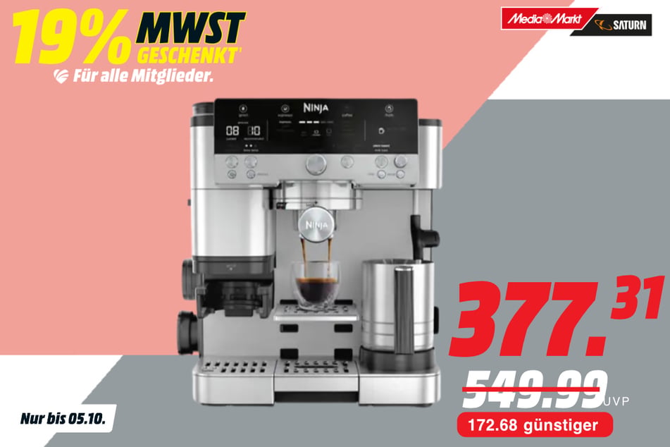 Ninja-Siebträgermaschine ES655EU Luxe Café Premier Plus für 377,31 statt 549,99 Euro.