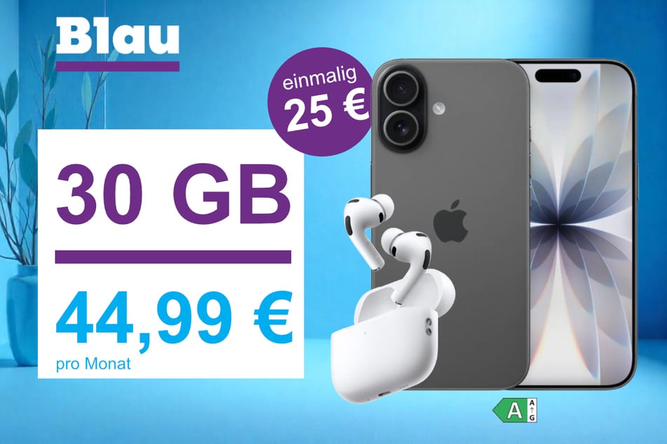 Das iPhone 17 plus AirPods Pro 2 im Blau Allnet L für einmalig 25 Euro.