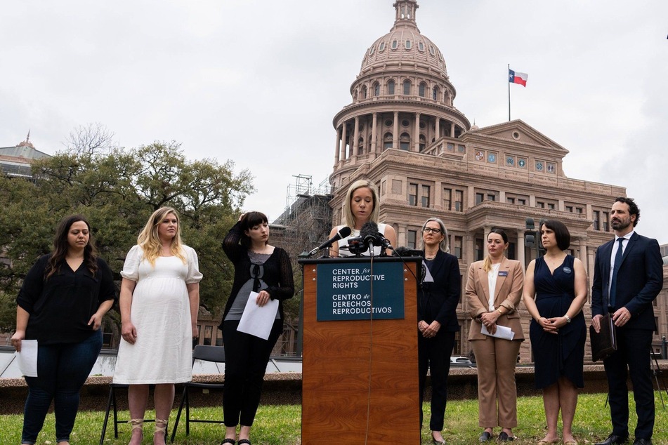 Amanda Zurawski, one of now 22 plaintiffs in Zurawski v. State of Texas, speaks at the launch of the lawsuit in March 2023.