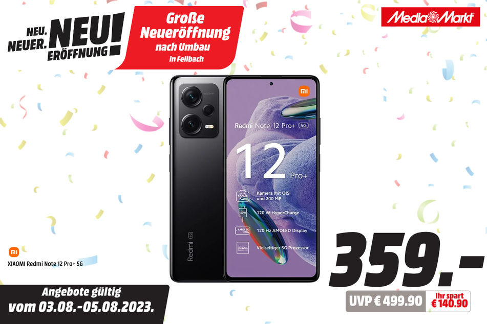 Xiaomi Redmi Note 12 Pro+ für 359 statt 499,90 Euro.