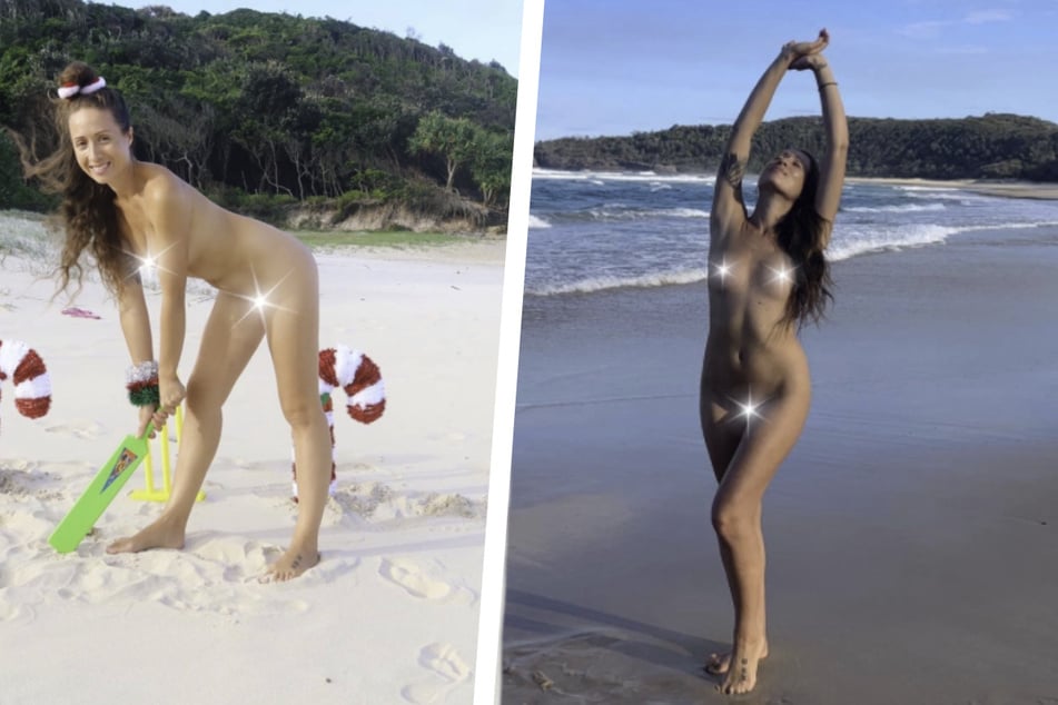 Yoga-Lehrerin reckt und streckt sich nackt am Strand