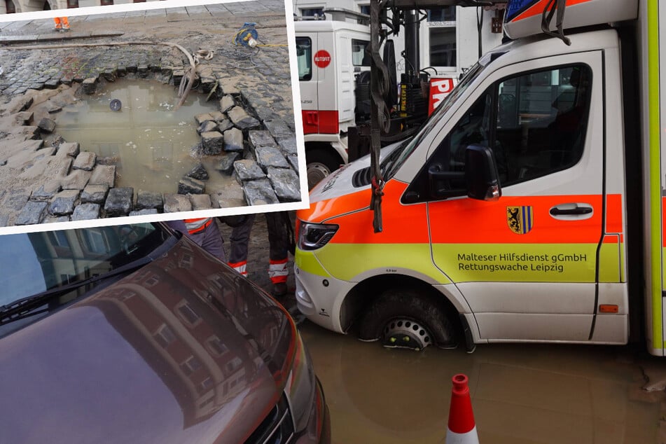 Leipziger Rettungswagen kracht während Einsatz in Loch und bleibt stecken