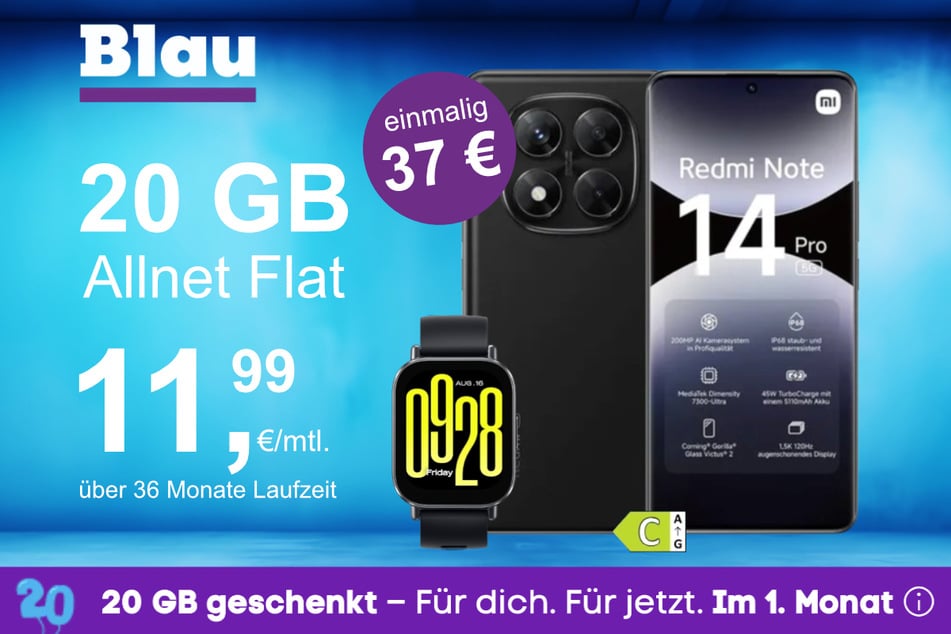 Das Xiaomi Redmi Note 14 Pro + Watch 5 Active im Blau Allnet M für einmalig 37 Euro.