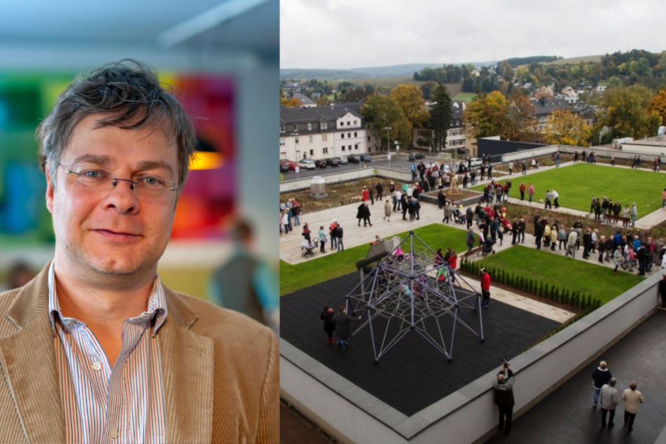Bürgermeister Marcel Schmidt (Freie Wähler) will Stollberg beruhigen. Auf dem Dach des neuen Einkaufmarkts wartet ein Park.
