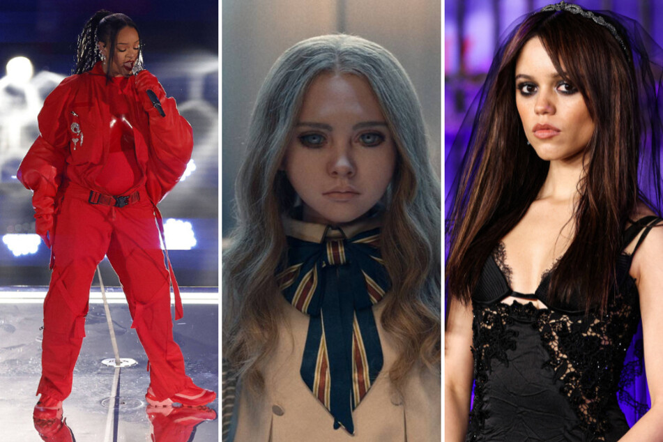 Some of the best solo Halloween costumes this year are inspired by the trendiest moments in 2023 so far, including Rihanna performing at the Super Bowl (l.), the infamous M3GAN movie (c.), and Jenna Ortega bringing the gothy vibes back with Wednesday on Netflix (r.).