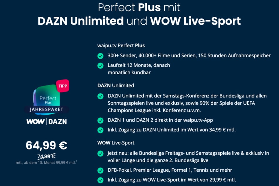 Alle Spiele der 1. und 2. Bundesliga live mit waipu.tv Perfect-Plus inkl. DAZN Unlimited und WOW Live-Sport.