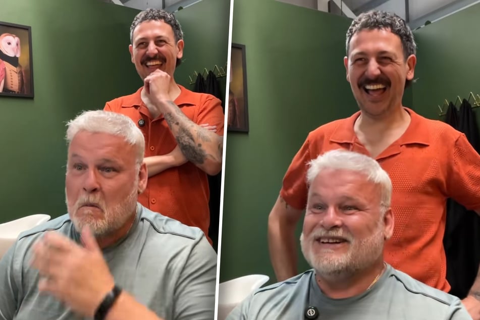 Jean (58) est complètement abasourdi pendant les premières secondes lorsqu'il se voit avec des cheveux. Peu après, il rit aux éclats avec Rob Wood.