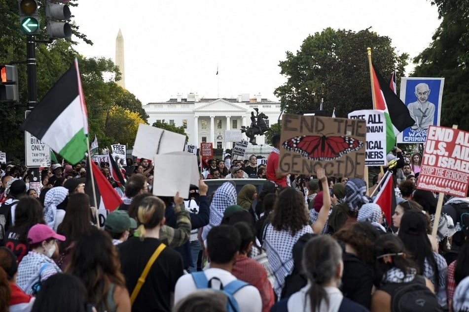 Gaza solidarity protesters rally in front of the White House to demand an end to US weapons transfers to Israel.