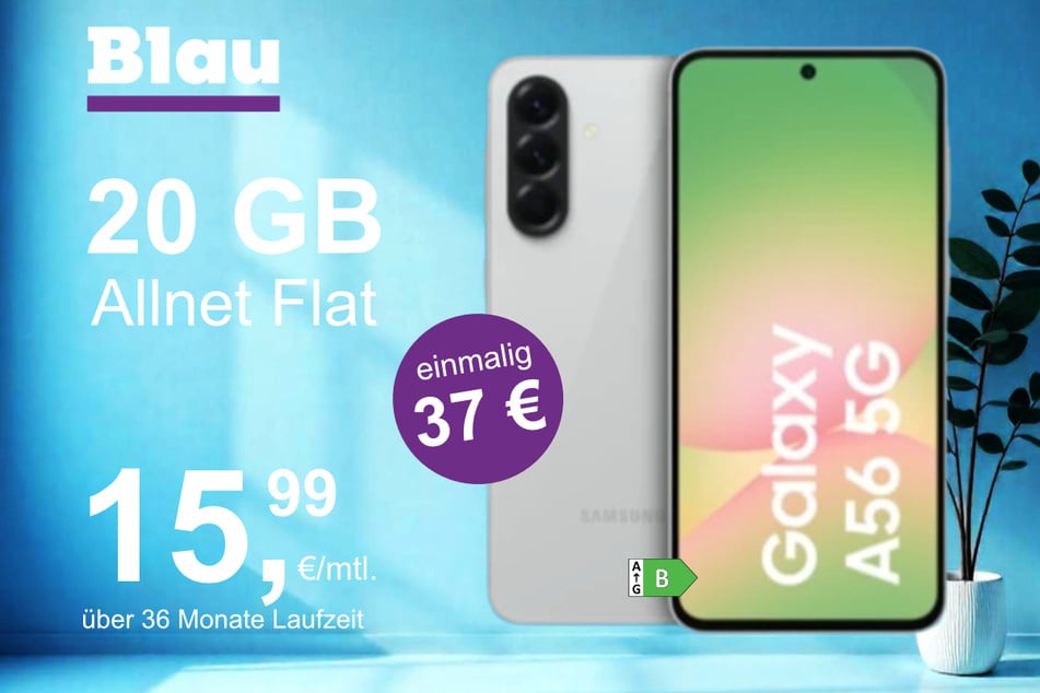 Das Samsung Galaxy A56 5G im Blau Allnet XL für einmalig 37 Euro.