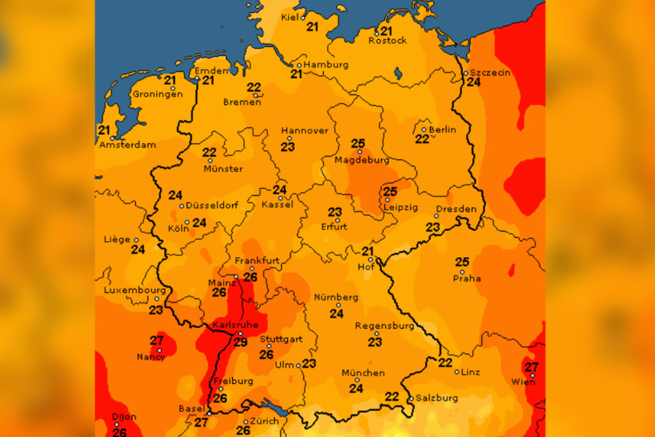 Die Karte zeigt, dass es nächste Woche in weiten Teilen Deutschlands heiß wird.