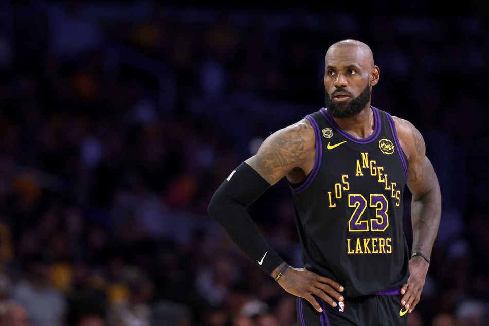 LeBron James of the Los Angeles Lakers looks on against the Oklahoma City Thunder in Game Four of the Second Round of the NBA Western Conference Playoffs at Crypto.com Arena on May 11, 2026.