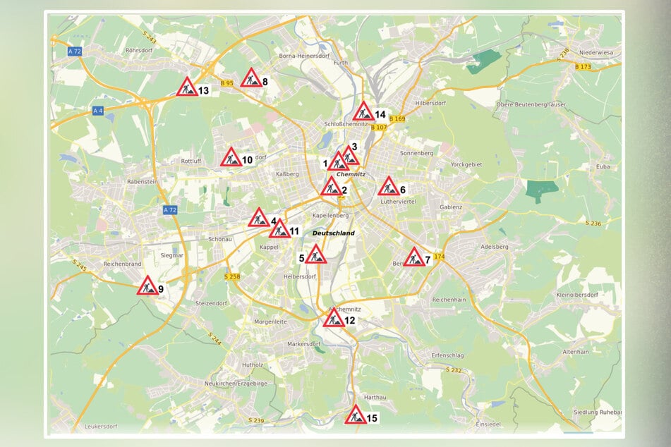 Hier wird es dieses Jahr eng: 1 - Theaterstraße, 2 - Falkeplatz, 3 - Mühlenstraße, 4 - Zwickauer Straße, 5 - Paul-Gruner-Straße, 6 - Clausstraße, 7 - Bernsdorfer Straße, 8 - Bornaer Straße, 9 - Jagdschänkenstraße/Kreuzung Neefestraße, 10 - Rudolf-Krahl-Straße, 11 - Lützowstraße, 12 - Annaberger Straße/Südringauffahrt, 13 - A4/Anschlussstelle Chemnitz-Mitte, 14 - Josephinenstraße/Josephinenplatz, 15 - Annaberger Straße/Harthauer Berg