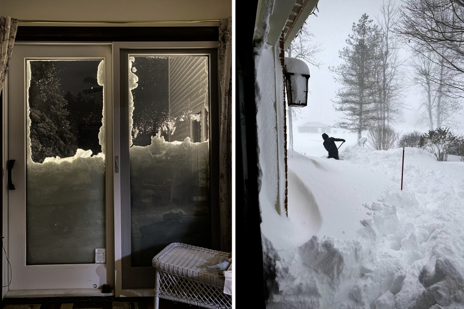 In Amherst ist die Tür zur Terrasse eines Hauses zugeschneit. Ebenfalls in Amherst entfernt ein Anwohner Schnee rund um ein Gebäude.