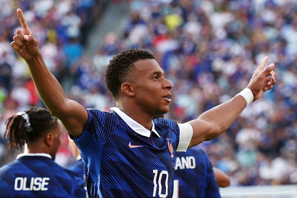 France's Kylian Mbappe celebrates scoring their third goal against Sweden on June 30, 2026.