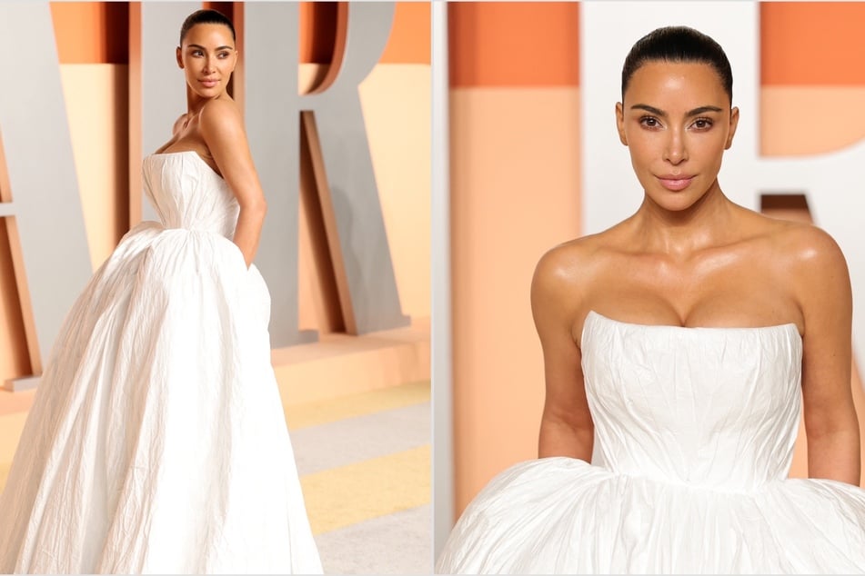 Kim Kardashian rocks dramatic Tyvek bridal gown at the Vanity Fair Oscars Party