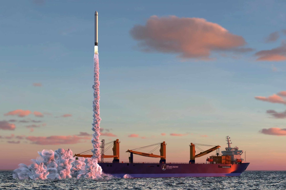 Eine Rakete startet von einer Plattform der German Offshore Spaceport Alliance (GOSA) aus (undatierte Computergrafik).
