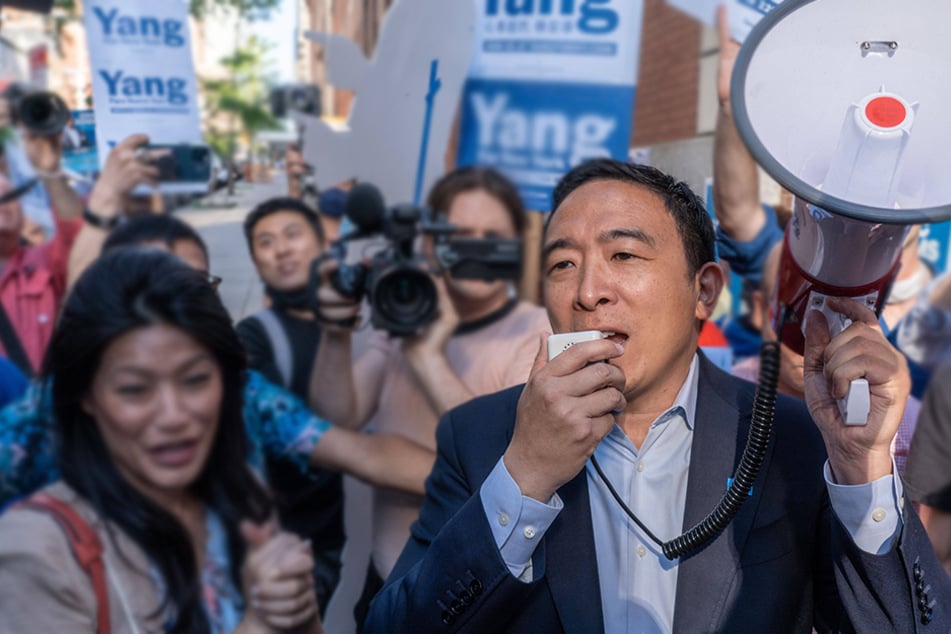 Andrew Yang speaks to supporters outside the CBS Television Studios in New York City on June 10, 2021.