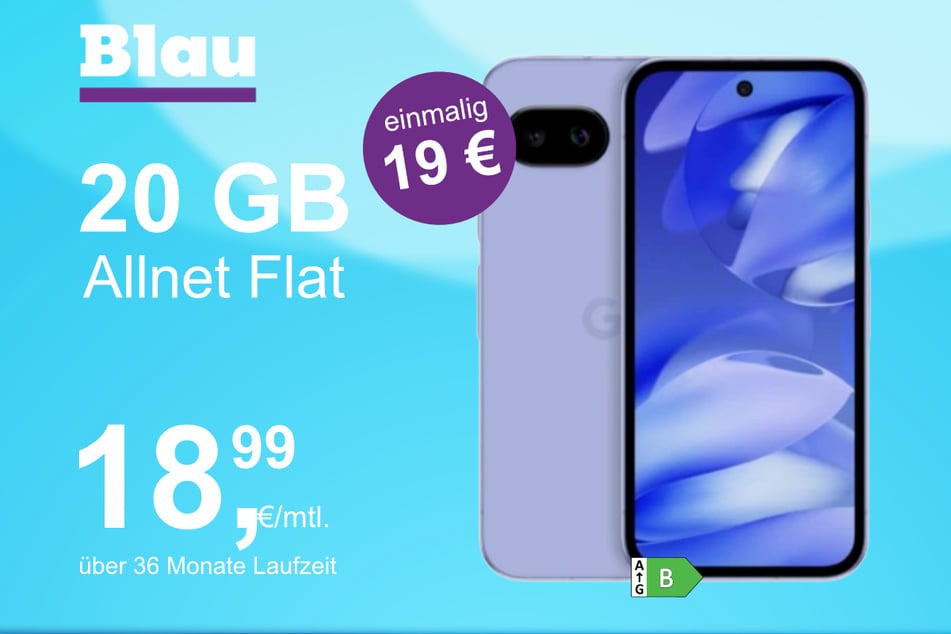 Das Google Pixel 9a im Blau Allnet M für einmalig 19 Euro.