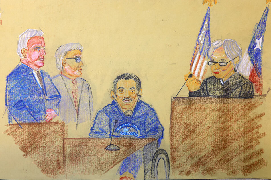 Alleged Mexican drug kingpin and co-founder of Mexico's notorious Sinaloa drug cartel Ismael "El Mayo" Zambada appears in court in El Paso, Texas, in a sketch.