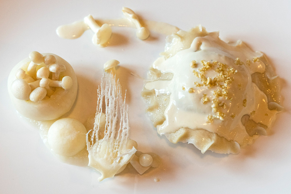 Die weiße Hauptspeise: Zweierlei vom Kalb mit gebackenem Kalb, Kalbsschwanz-Ravioli, Mairübchen und Buchenpilzen.