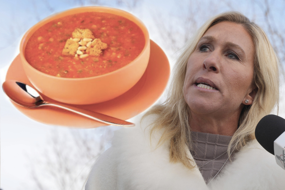 Apparently Marjorie Taylor Greene (r.) did not know the difference between gazpacho soup (pictured) and the Gestapo police.