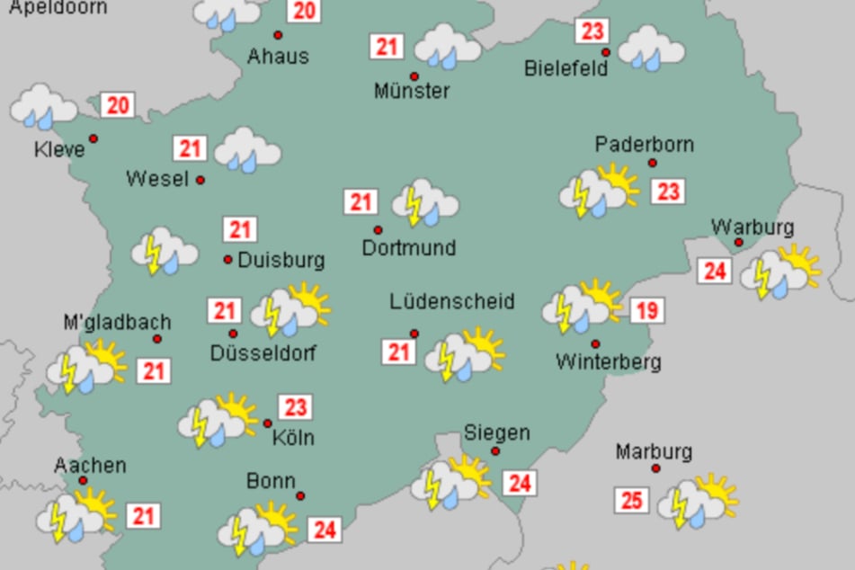 Ein Blick auf die Wetterkarte zeigt, dass die Temperaturen in der kommenden Woche wieder steigen, dafür aber Gewitter auf dem Vormarsch sind.