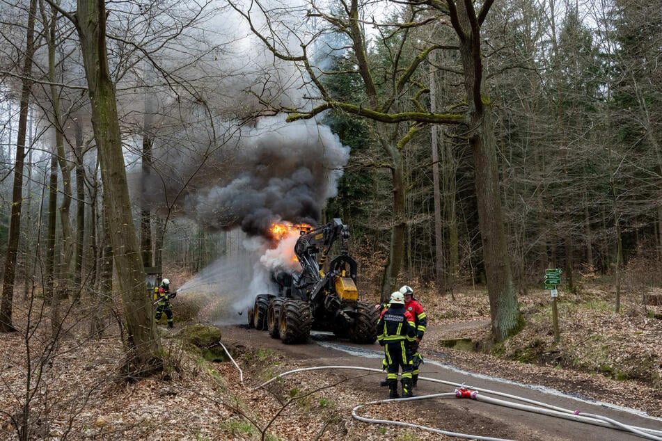 Der Holzvollernter ging wohl aufgrund eines technischen Defekts in Flammen auf.