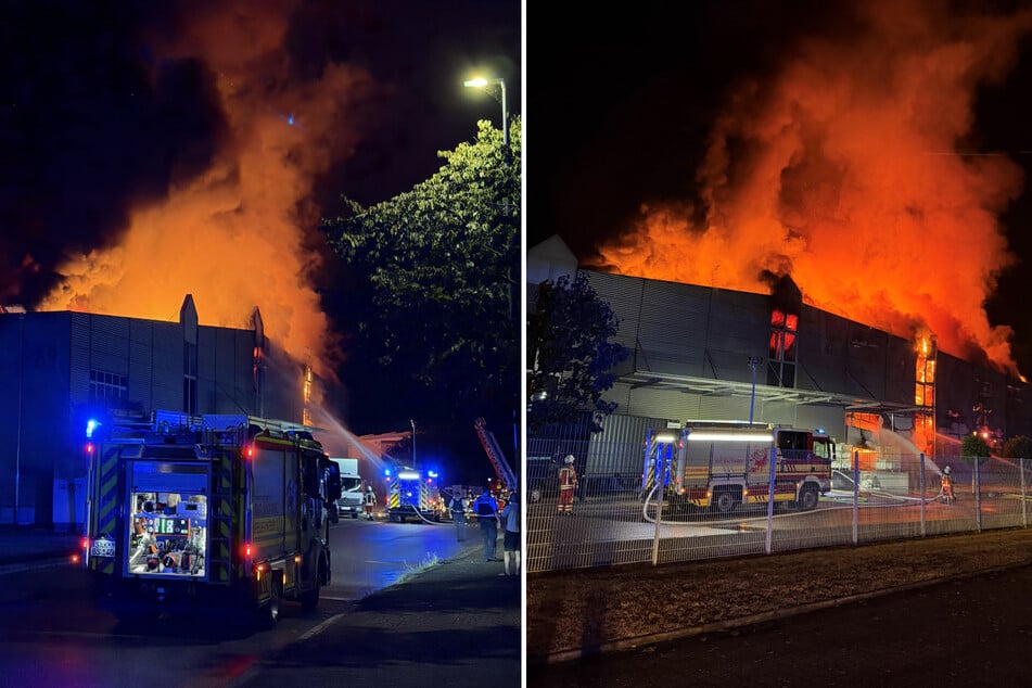 Die Feuerwehr in der Nacht zu Samstag bei einem Großbrand eines Textilbetriebs in Bad Säckingen.