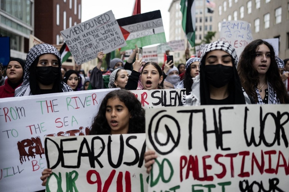 Palestinian-Americans and allies rally near the White House in Washington DC as Israel launches airstrikes on Gaza, killing thousands of civilians.