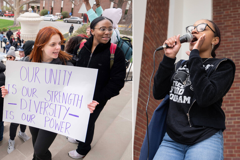 Student activist Carlie Reeves (r.) speaks during a rally in support of DEI programs at the University of Louisville in Kentucky.