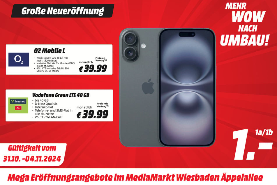 Apple iPhone 16 für 1 Euro im Tarif.