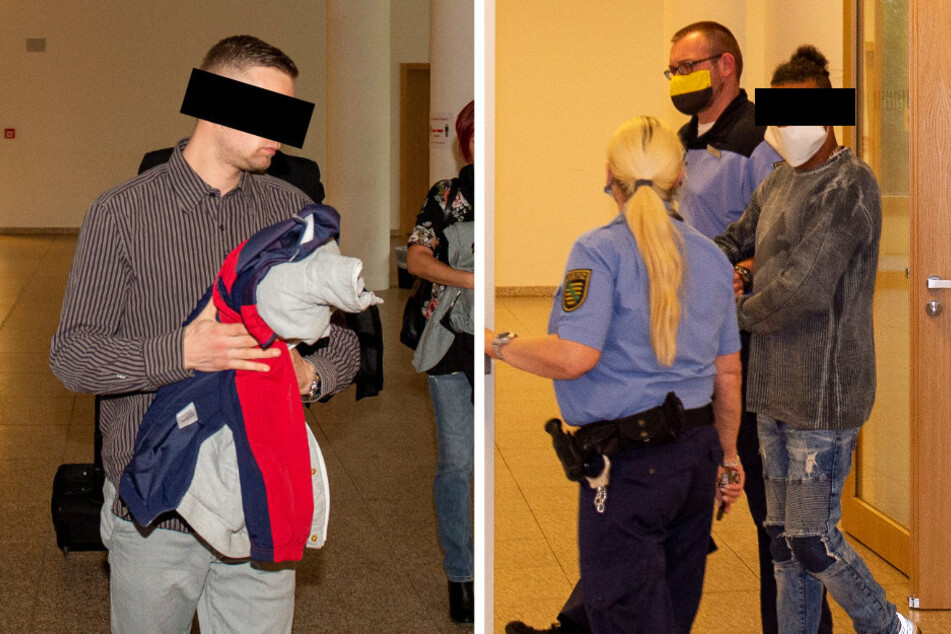 Tim D. (23, l.) und Nando K. (30) kommen zum Gerichtstermin. Der dritte im Bunde, Paul W. (26), fehlte unentschuldigt.