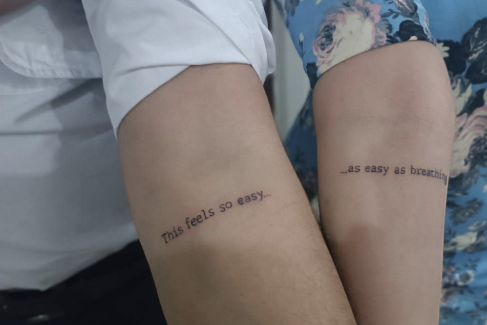 Tattooed couple shows off matching ink inspired by flirty WhatsApp messages