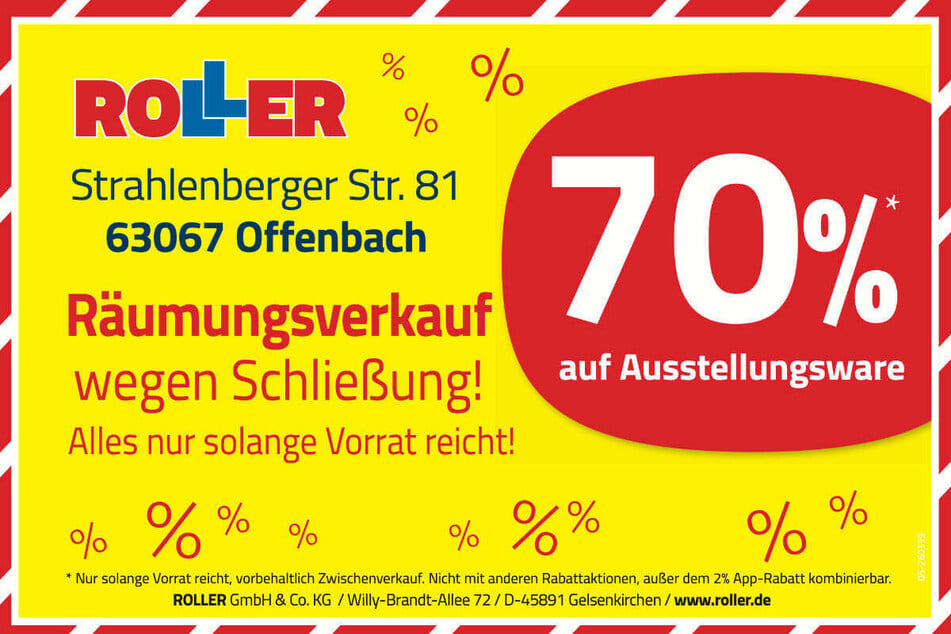 Der Rabatt im Räumungsverkauf bei ROLLER in Offenbach beträgt gerade unglaubliche 70 Prozent.¹