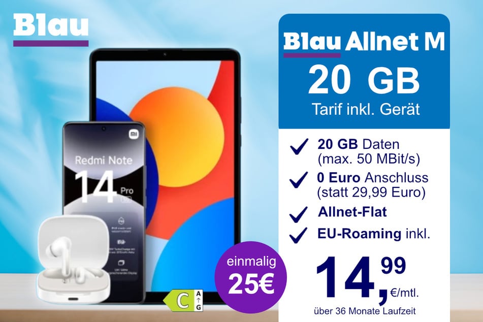 Das Xiaomi Redmi Note 14 Pro + Pad SE + Buds 6 im Blau Allnet M für einmalig 25 Euro.