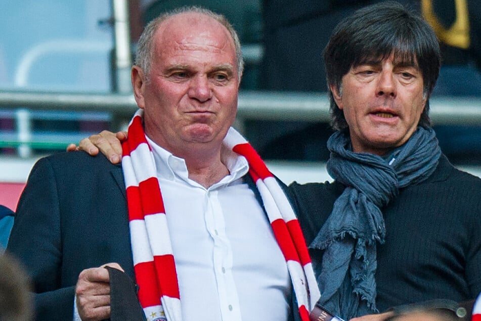 Uli Hoeneß (l., 69) und Bundestrainer Joachim Löw (61) stehen auf der Tribüne in der Münchner Allianz Arena zusammen. (Archiv)