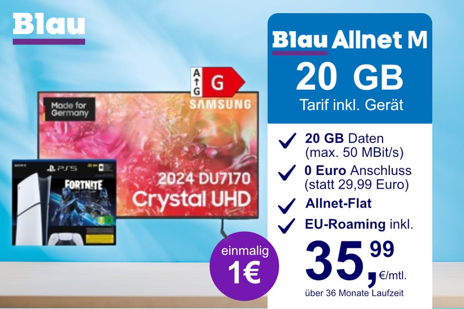 Der 65-Zoll Samsung-TV + PS5 Digital Slim Fortnite im Blau Allnet M inkl. 20 GB für einmalig nur 1 Euro.