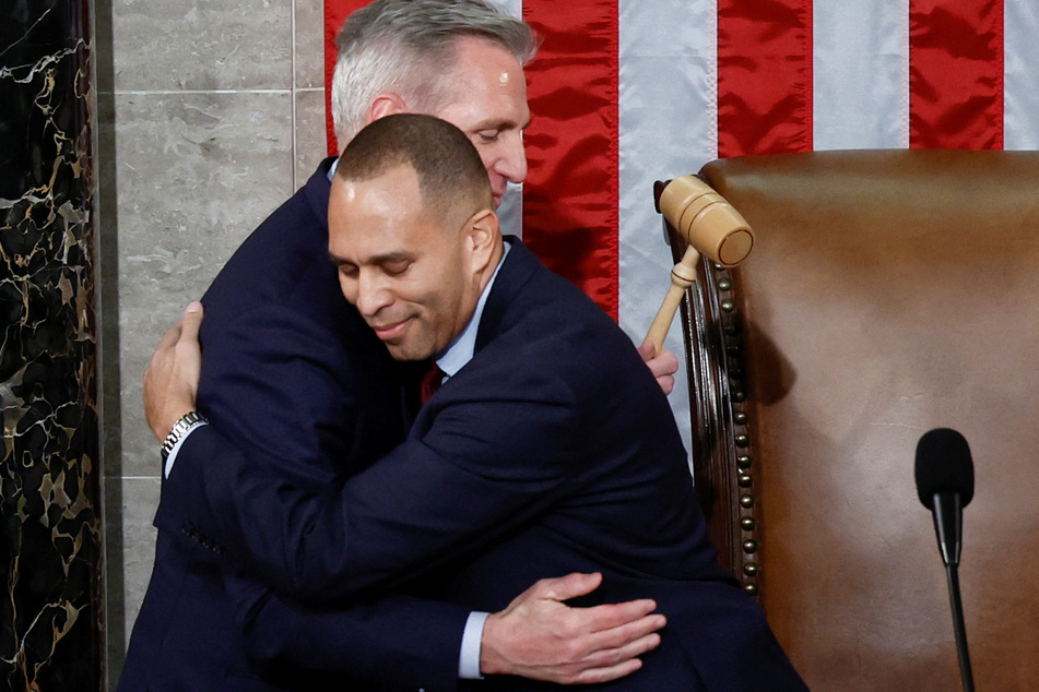 The newly elected Speaker of the House Kevin McCarthy hugs House Democratic Leader Rep. Hakeem Jeffries after being handed the Speaker's gavel.