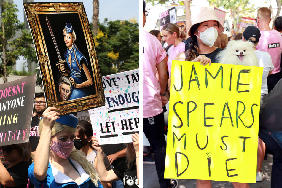 Bei der #FreeBritney-Rally im Juli 2021 demonstrierten zahlreiche Britney-Fans mit - teilweise sehr überspitzten - Plakaten und Bildern vor dem Gericht. Viele richteten sich direkt an Britneys Vater, Jamie Spears.