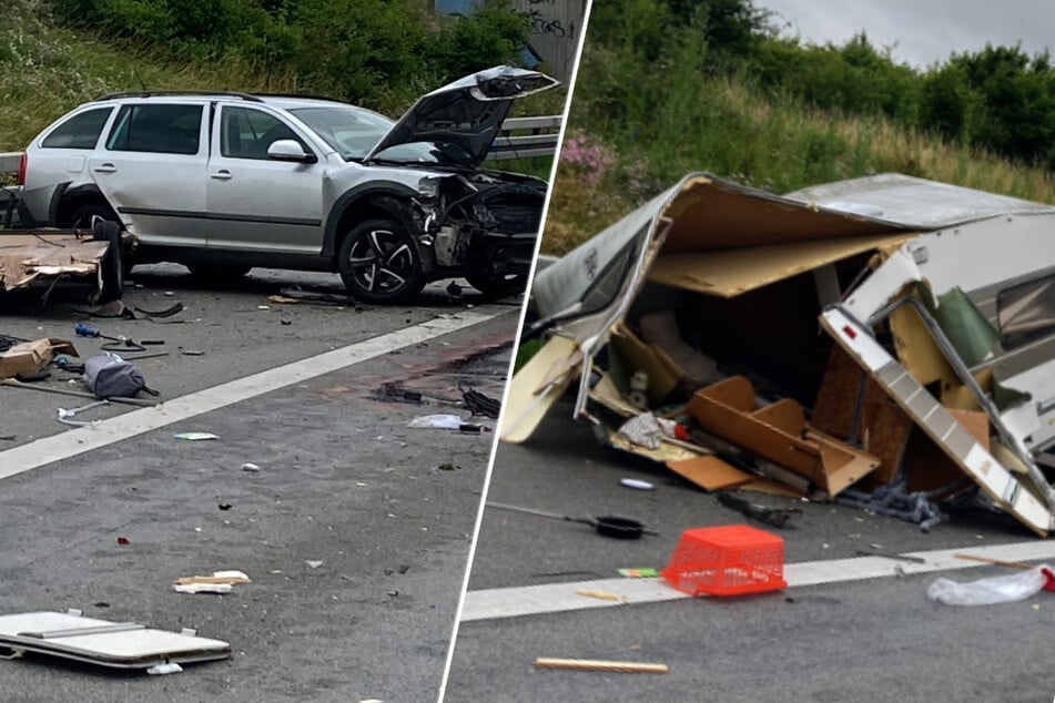 Unfall A3: Renault kracht in Wohnwagen: Trümmerfeld und mehrere Verletzte auf Autobahn