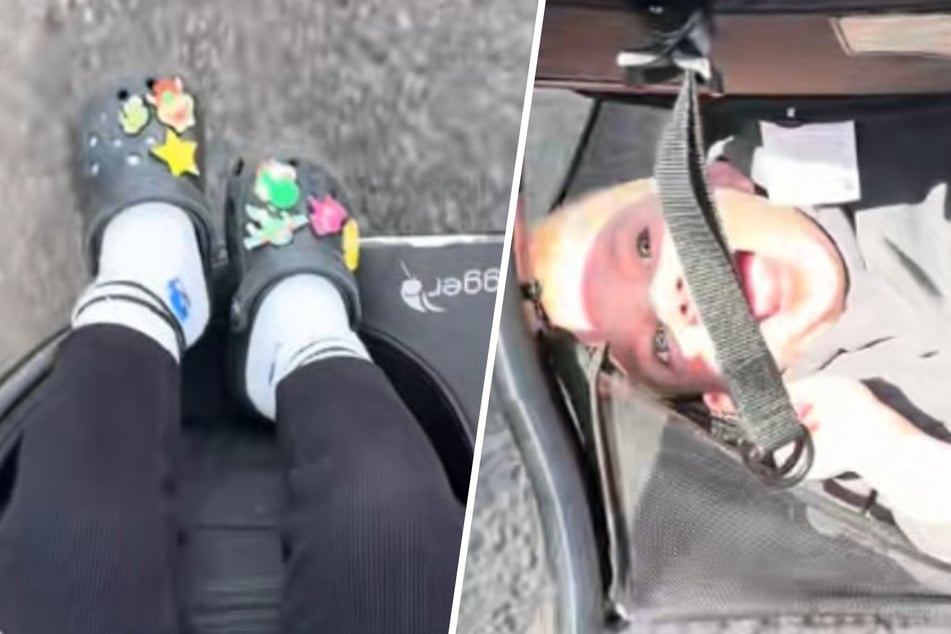Mamá empuja un cochecito doble con un solo niño: el asiento del segundo niño genera entusiasmo