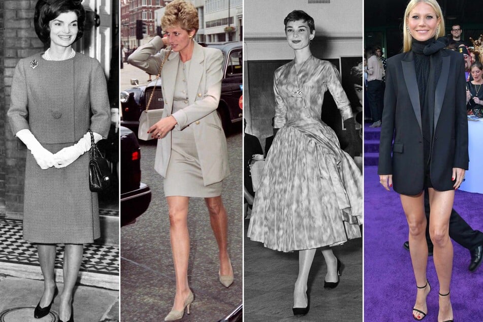 The "very demure" style trend is characterized by a more modestly elegant style of dress best exemplified by celebrities like (l-r) Jackie Kennedy, Princess Diana, Audrey Hepburn, and Gwyneth Paltrow.