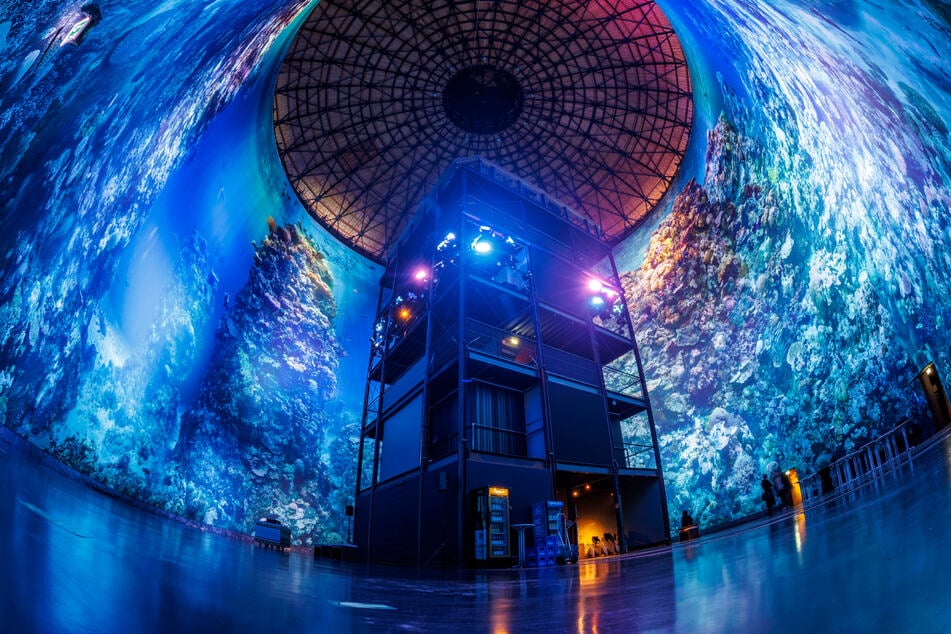 Der Besucherturm wird von der Unterwasserwelt des Korallenriffs umschlossen.