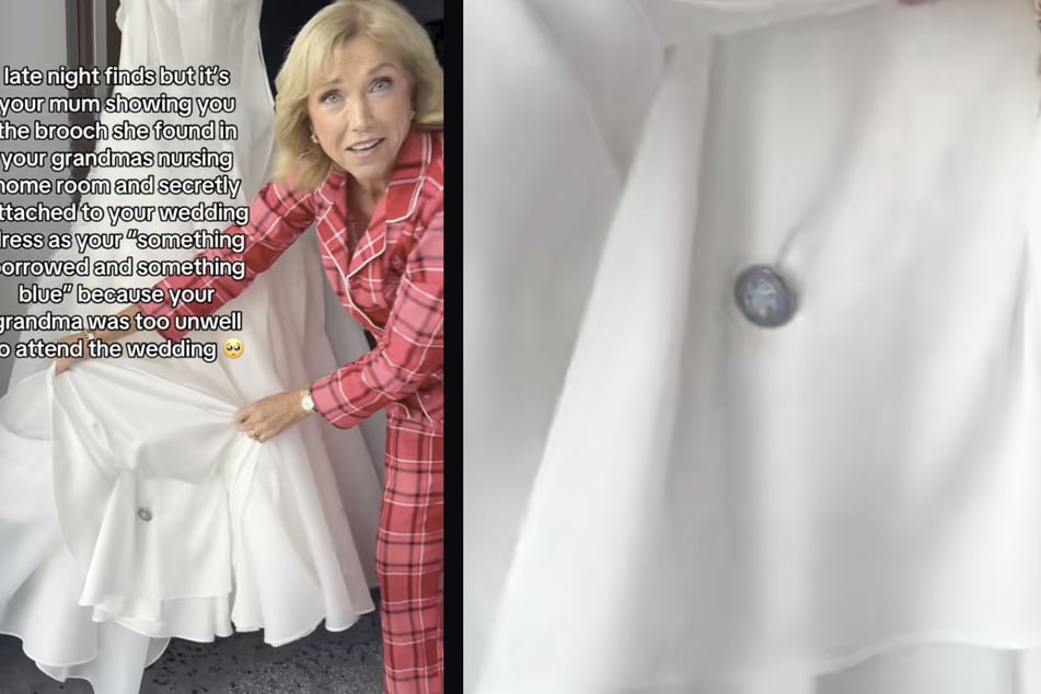 Caits Mutter hatte die Brosche der Großmutter, die aufgrund von Krankheit nicht bei der Trauung dabei sein konnte, am Rock befestigt.