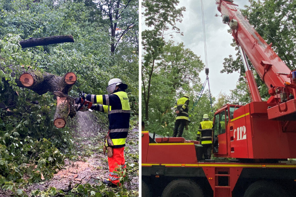 Die Münchner Feuerwehr bei Einsätzen aufgrund des Gewitters am Freitagabend. (Bildmontage)