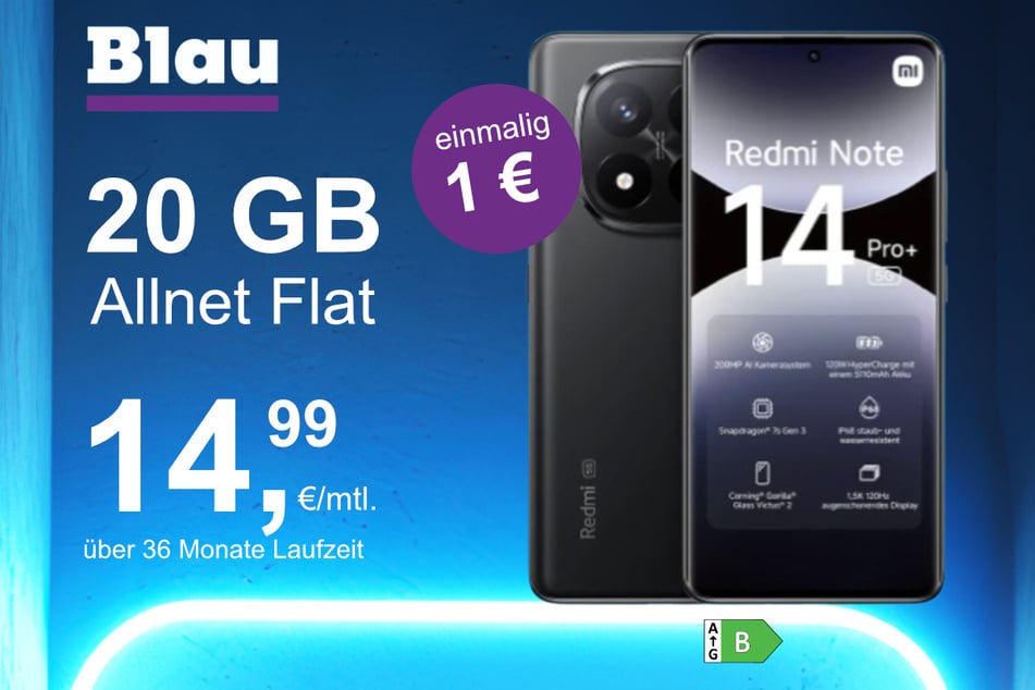 Das Xiaomi Redmi Note 14 Pro Plus im Blau Allnet M für einmalig 1 Euro.