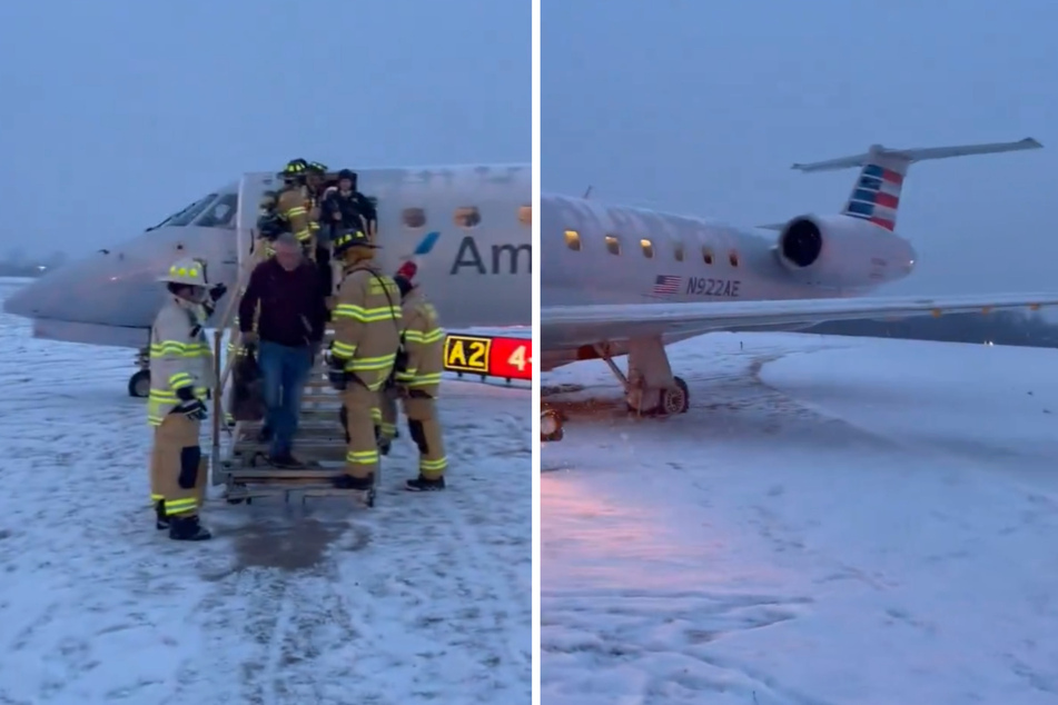 Nach einem Schneesturm rutschte das Flugzeug von der Rollbahn.